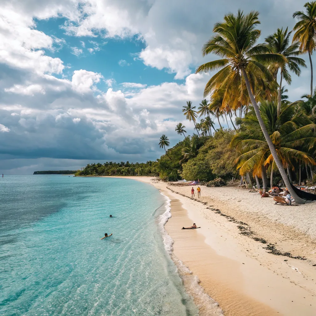 An exotic beach view with crystal clear water and palm trees